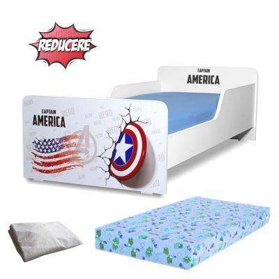 Pat copii Captain America 2-12 ani + saltea cu lana 160x80x12 cm + husa impermeabila - PC-PCH-PRO-STR-CPT-80