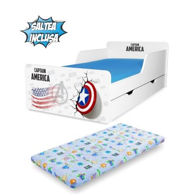 Pat copii Captain America 2-12 ani cu sertar si saltea cu lana inclusa PC-P-MK-SRT-CPT-80