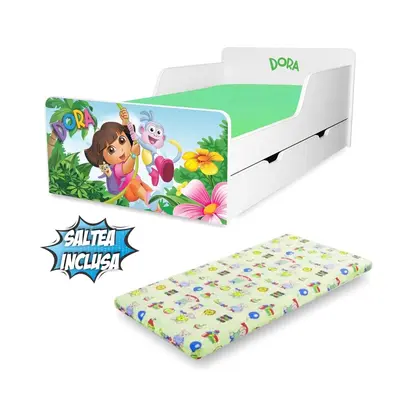 Pat copii Dora 2-12 ani cu sertar si Saltea cu lana SafeNest inclusa - PC-P-MK-TIG-DOR-80