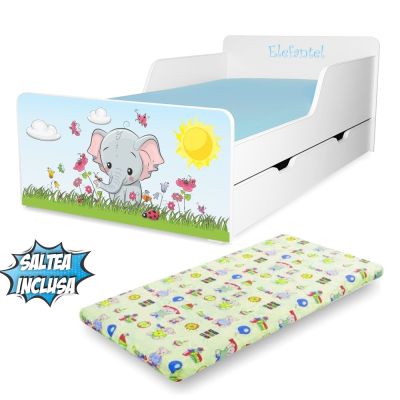 Patut Copii 2- 12 Ani Creativ Elefantel, Cu Sertar Si Saltea Cu Lana 160x80 Inclusa - ASC-mk-srt-ele-80