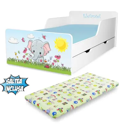 Patut Copii 2- 12 ani Start Elefantel, cu sertar si Saltea cu lana SafeNest 160x80 inclusa - PC-P-MK-SRT-ELE-80