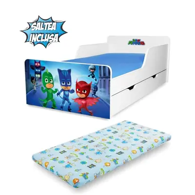 Patut Copii 2-12 ani Start Eroi in Pijamale, cu sertar, si Saltea cu lana SafeNest inclusa - PC-P-MK- SRT-PJM-80