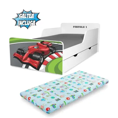Pat copii Formula 1 2-12 ani cu sertar si Saltea cu lana SafeNest inclusa din lana PC-P-MK-SRT-FM1-80