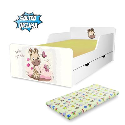 Pat Pentru Copii 2-12 Ani Creativ Girafa, Cu Sertar Si Saltea Din Lana 160x80 Inclusa - ASC-mk-gir-srt-80