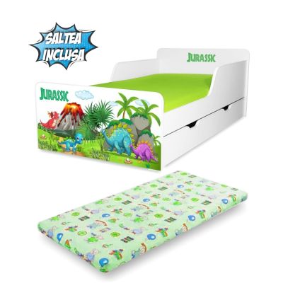 Pat Copii 2-12 Ani Creativ Jurassic Cu Sertar Si Saltea Cu Lana 160x80x12 Inclusa - ASC-mk- Srt-jur-80
