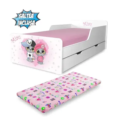 Pat copii Miau 2-12 ani cu sertar si Saltea cu lana SafeNest inclusa PC-P-MK-MIA-SRT-80