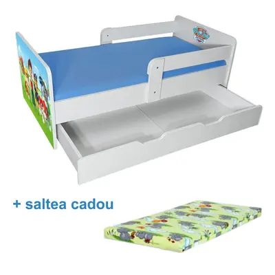 Pat copii Paw Patrol P2 2-12 ani cu sertar, 2 protectii laterale detasabile si saltea SafeNest cu lana- PC-P-MK-SRT-PAW-P2-80