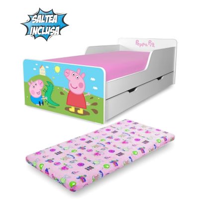 Pat Copii Peppa Pig 2-12 Ani Cu Sertar Si Saltea Din Lana- ASC-mk-srt-pep-80