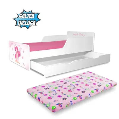 Pat Start Pink Fairy fetite 2-12 ani, cu sertar si Saltea cu lana SafeNest 160x80cm incluse- PC-P-MK-PFR-SRT-80