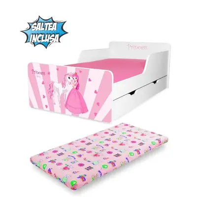 Pat Start Princess Pony pentru fete 2-12 ani, varianta cu sertar si Saltea cu lana SafeNest 160x80 incluse- PC-P-MK-SRT-PRP-80