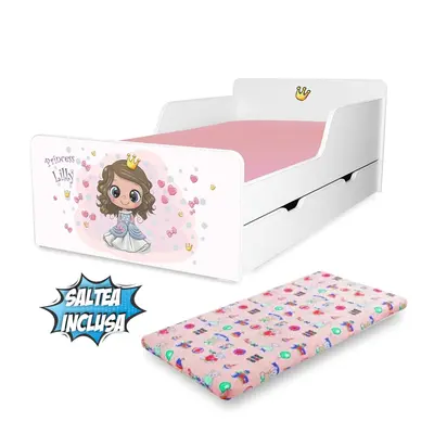Pat copii Printesa Lilly 2-12 ani cu sertar si Saltea cu lana SafeNest inclusa PC-P-MK-SRT-LIL-80