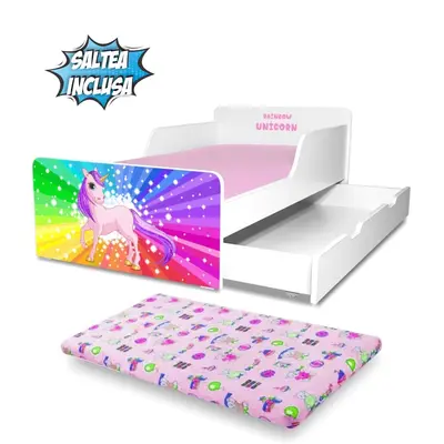 Pat Fetite 2-12 ani Start Rainbow Unicorn, contine sertar si Saltea cu lana SafeNest 160x80 cm  - PC-P-MK-RPFR-SRT-80