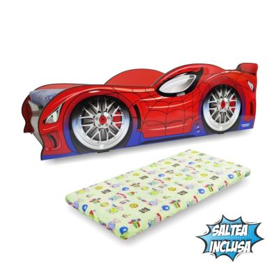 Patut Baieti 2-8 Ani Model Masina Spider Man, Saltea 140x70 Inclusa - ASC-mk-spm-70