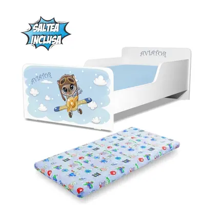 Pat copii Start Aviator 2-12 ani cu saltea din lana inclusa - PC-P-MOK-AVT-80