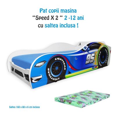 Pat Masina Speed X2 cu saltea Culcus cu lana 160x80x6cm pentru  copii 2-12 ani PC-P-MK-SPDX-2-80