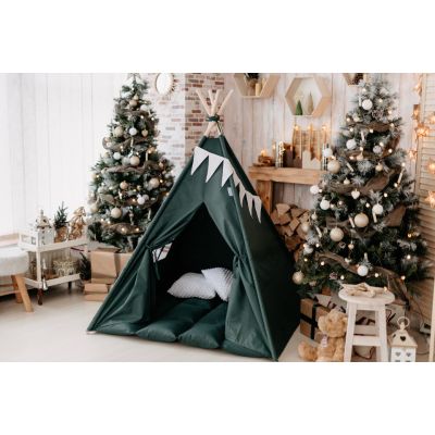 Set Cort de joaca, teepee, Dark Green, 120x120x150 cm, salteluta, ghirlanda, 2 pernite si kit fixare MRD8245