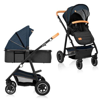 Lionelo - Carucior compact Amber, 2 in 1, Cadru din aluminiu, Cu landou intarit si salteluta moale, Reversibil, Maner ajustabil, Huse pentru picioare, Plasa de tantari, Husa de ploaie, Geanta parinti, Pana la 22 kg, Albastru BYNLO-AMBER_2IN1_BLUE_NAVY