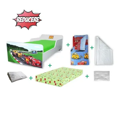 Pachet Promo Complet Pat Baieti 2-8 ani Start Racing cu saltea, husa impermeabila, pilota, perna, lenjerie