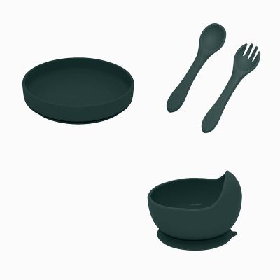 Petite&Mars - Set de hranire, Cu farfurie, Bol si tacamuri, Din silicon fara BFA, Verde inchis BYNPachetMasaVerde_1