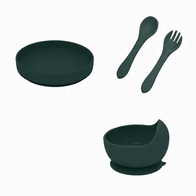 Petite&Mars - Set de hranire, Cu farfurie, Bol si tacamuri, Din silicon fara BFA, Verde inchis BYNPachetMasaVerde_1