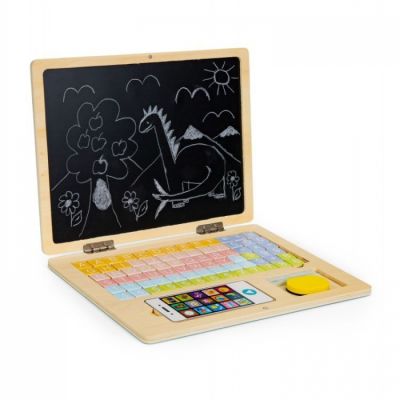 Laptop educational din lemn cu magnet si taste din lemn ecotoys g068 - alb edeedig068white