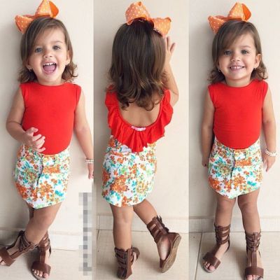 Set tricou rosu cu volanas si fusta cu floricele (Marime: 130) JEMdrl90