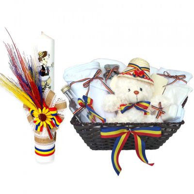Cos cadou botez trusou si lumanare Baietel cu decor rustic fundite tricolor Denikos® 669 NKO3087
