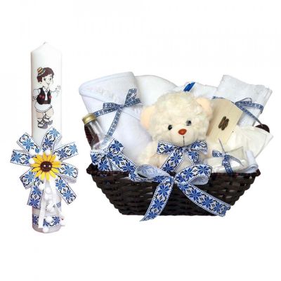 Cos cadou botez trusou si lumanare model taranel Baietel decor traditional Denikos® 665 NKO3083