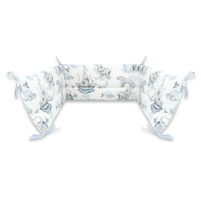 Qmini - Aparatoare pentru patut 120X60 cm, Din bumbac certificat Oeko Tex Standard 100, 180x30 cm, Cu panglici, Elephants on Rainbow Blue BYN6426972018524