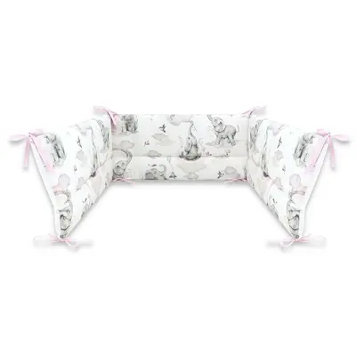 Qmini - Aparatoare pentru patut 120X60 cm, Din bumbac certificat Oeko Tex Standard 100, 180x30 cm, Cu panglici, Elephants on Rainbow Pink BYN6426972018517