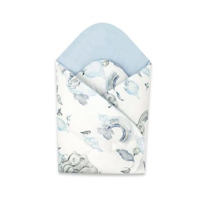 Qmini - Paturica de infasat cu doua fete, Cu multiple utilizari, Cu inchidere arici velcro, Dimensiune 75x75 cm, Din bumbac certificat Oeko Tex Standard 100, Elephants on Rainbow Blue BYN6426972018340