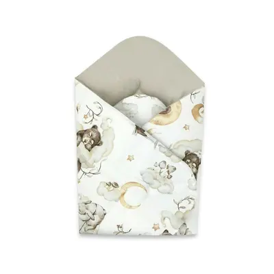 Qmini - Paturica de infasat cu doua fete, Cu multiple utilizari, Cu inchidere arici velcro, Dimensiune 75x75 cm, Din bumbac certificat Oeko Tex Standard 100, Teddy Bear and Friends Beige BYN6426972018265