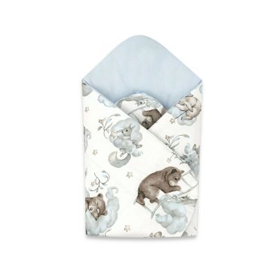 Qmini - Paturica de infasat cu doua fete, Cu multiple utilizari, Cu inchidere arici velcro, Dimensiune 75x75 cm, Din bumbac certificat Oeko Tex Standard 100, Teddy Bear and Friends Blue BYN6426972018272