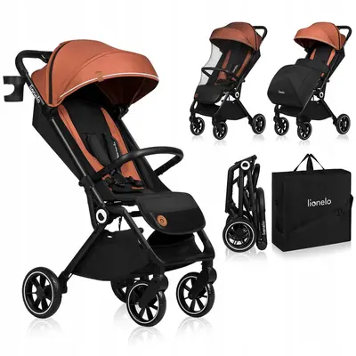 Lionelo - Carucior sport Cloe, De la nastere, Cu accesorii, Cadru din aluminiu, 0-22 kg, Usor, Pliabil cu o singura mana, Ideal pentru toate tipurile de suprafete, Maro BYNLO-CLOE_BROWN_RUST