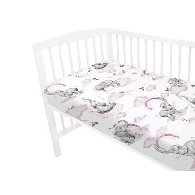 Qmini - Cearceaf cu elastic pentru patut 120x60 cm, Din bumbac certificat Oeko Tex Standard 100, Elephants on Rainbow Pink BYN6426972018494
