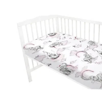 Qmini - Cearceaf cu elastic pentru patut 120x60 cm, Din bumbac certificat Oeko Tex Standard 100, Elephants on Rainbow Pink BYN6426972018494