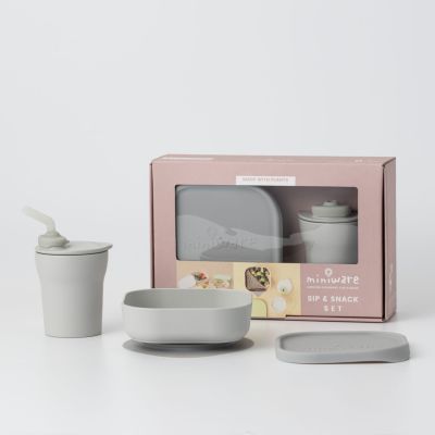 Set diversificare hrana bebelusi Miniware Sip&Snack, 100% din materiale naturale biodegradabile, 3 piese, Grey JEMmw_MWSKGG