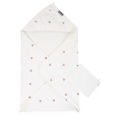 Prosop cu gluga si manusa de baie Childhome Jerse/Frotir 80x80 cm, Inimioare ERFCH-CCBCJOH