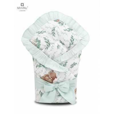 MimiNu - Paturica de infasat multifunctionala, Cu volanase, Cu inchidere cu panglica si arici velcro, Dimensiune 75x75 cm, Din bumbac certificat Oeko Tex Standard 100, Lulu Natural/Mint BYN6426972018593