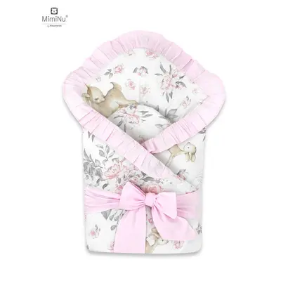 MimiNu - Paturica de infasat multifunctionala, Cu volanase, Cu inchidere cu panglica si arici velcro, Dimensiune 75x75 cm, Din bumbac certificat Oeko Tex Standard 100, Sweet Deer Pink/Pink BYN6426972018630