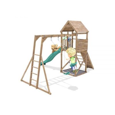 Complex de joaca frontierfort max cu monkey bars si 2 leagane, tobogan verde 2.9 m, dunster house - okedhps708-1