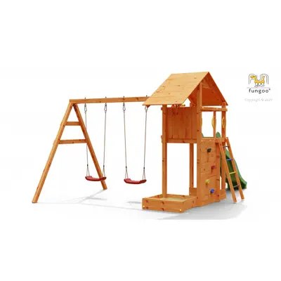 Complex joaca din lemn smart 2 cu leagane, zid de catarat si turn fungoo - okefu06760ptxx2