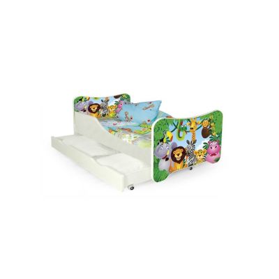 Pat pentru copii cu sertar, hm happy jungle, pal melaminat, saltea inclusa, 140x70 cm, multicolor drm10100