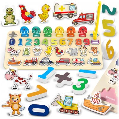 Tabla educativa din lemn cu cifre, animale si vehicule ricokids 781400  edeedi781400