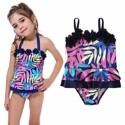 Costum de baie mov cu frunze si floricele aplicate (Marime: 100) JEMdrl47l24