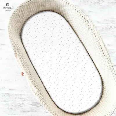 MimiNu - Cearceaf cu elastic pentru landou, carucior si cosulet, Dimensiune 80x35 cm, Din bumbac certificat Oeko Tex Standard 100, Mini Gray Stars BYN6426972018708