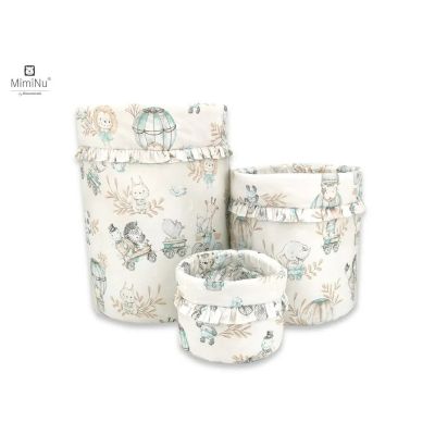 MimiNu - Set 3 cosuri rotunde cu dimensiuni generoase pentru depozitare jucarii, Cu volanase, Dimensiuni 50x35 cm, 35x30 cm, 19x23 cm, Din bumbac certificat Oeko Tex Standard 100, Design, Zoo on Bikes Nugat BYN5907501455580