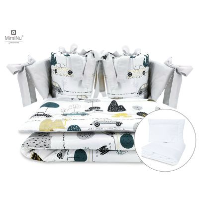 MimiNu - Set lenjerie patut cu 6 piese, Cu pilota si perna, Cu doua aparatori laterale, Din bumbac certificat Oeko Tex Standard 100, Pentru patut 120x60 cm, Childrens Journey Grey BYN6426972019347