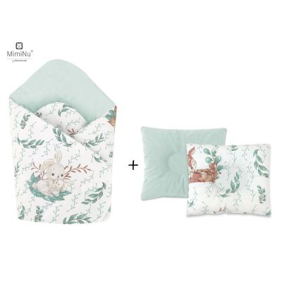 MimiNu - Set paturica de infasat cu doua fete, Dimensiune 75x75 cm + Perna bebelusi profilata, Cu doua fete, Cu functie anti-soc, Dimensiune 23x26 cm, Materiale certificate Oeko Tex Standard 100, Lulu Natural BYN5907501450059