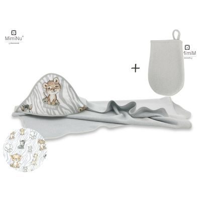 MimiNu - Set prosop mare cu gluga, Dimensiune 100x100 cm + Manusa de baie bebelusi, 12x21 cm, Materiale certificate Oeko Tex Standard 100, Safari Natural BYN5907501457652